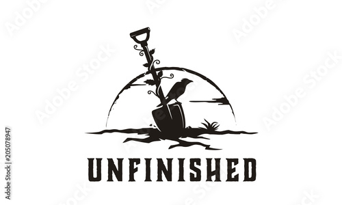 Cracked land shovel spade and crow raven bird illustration logo