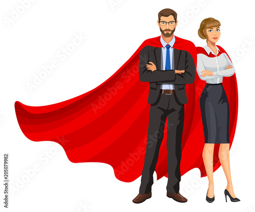 Superheroes man and woman in red capes, team of superheroes, business people superheroes. Bearded guy and beautiful girl in glasses. Success concept. Vector, 10 eps.