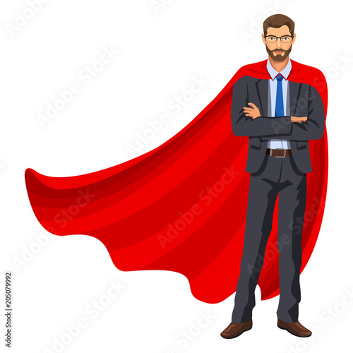 Superhero man in red cape, male hero, businessman superhero. Bearded guy in business suit with tie and glasses. Success concept. Vector, 10 eps.
