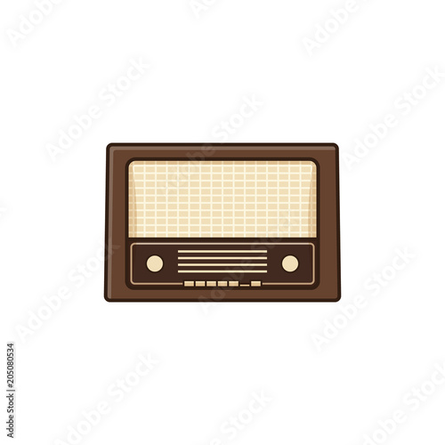 Retro radio. Vintage radio receiver isolated on white background. Vector illustration. Icon in line art flat design. House equipment 1960s, 1970s.