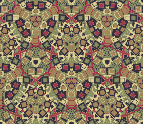 Kaleidoscope abstract seamless pattern, background. Composed of colored geometric shapes. Useful as design element for texture and artistic compositions.