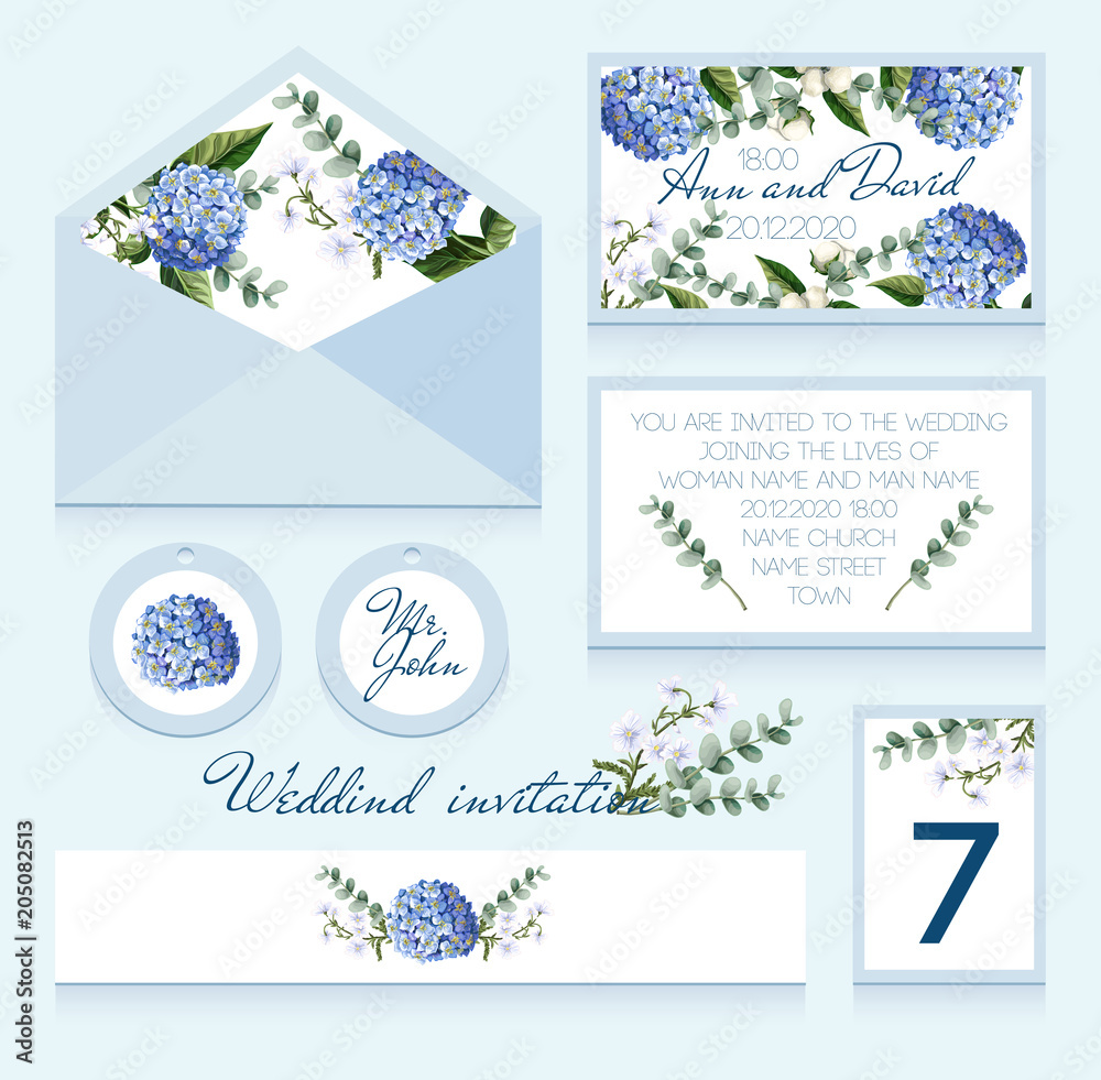 Delicate wedding invitation in blue color  with hydrangeas, cotton flowers and eucalyptus branches. Vector illustration.