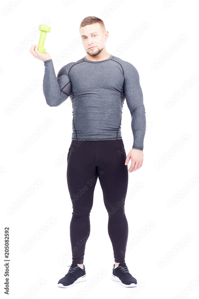 Portrait of handsome well-muscled bodybuilder practicing dumbbell exercise isolated on white Portrait of handsome well-muscled bodybuilder practicing dumbbell exercise isolated on white