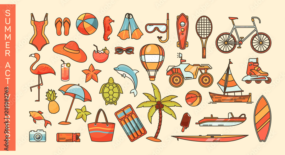 Set of summer activity or sea vacation icons Set of summer activity or sea vacation icons
