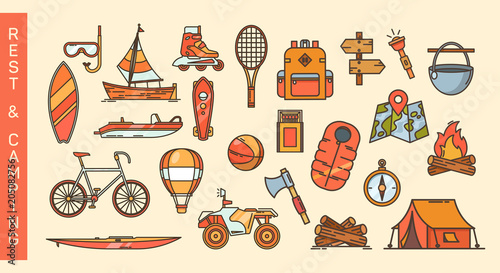 Set of summer recreation and camping icons