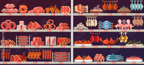 Meat and Fish products at shop or store stall