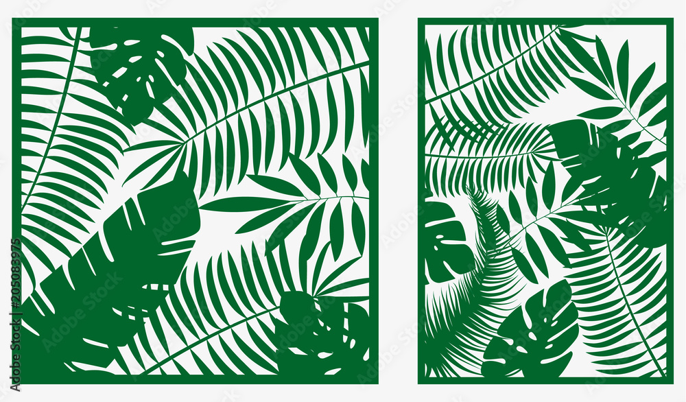 Decorative card for cutting. Palm leaf pattern. Laser cut. Vector illustration.