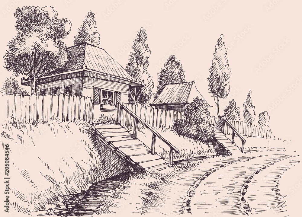 Village road, small old houses sketch wallpaper