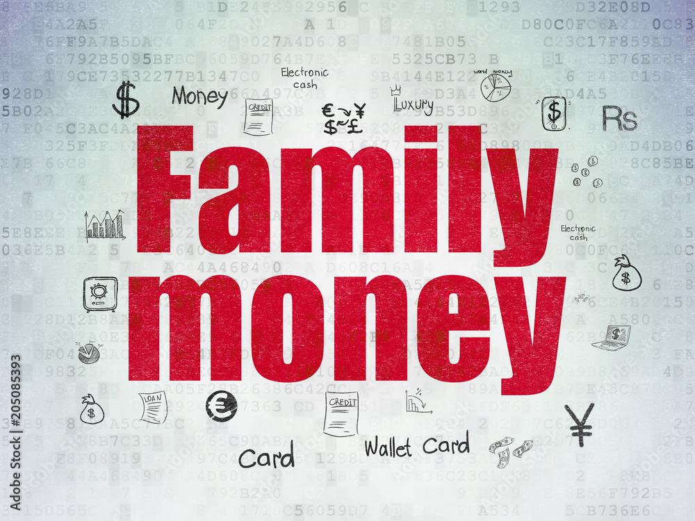 Banking concept: Painted red text Family Money on Digital Data Paper background with  Hand Drawn Finance Icons