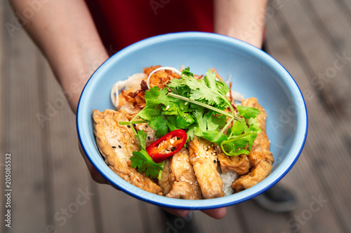 Vietnamesisches und Thailändisches Essen schön angerichtet und im Restaurant serviert mit frischen Kräutern  photo