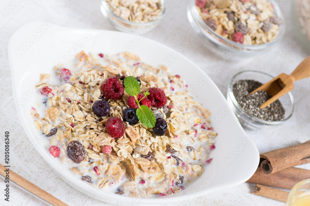 Sunny Morning with Healthy Breakfast. Muesli With Milk, Chia Seeds, Berries and Cinnamon. Sunny Morning with Healthy Breakfast. Muesli With Milk, Chia Seeds, Berries and Cinnamon.