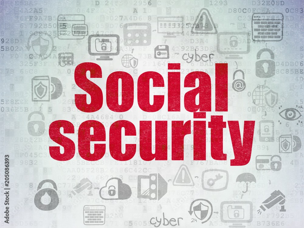 Safety concept: Painted red text Social Security on Digital Data Paper background with  Scheme Of Hand Drawn Security Icons