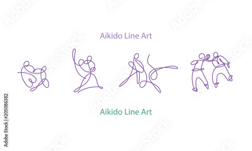 Aikido. Line art. Drawing fighters with one line.