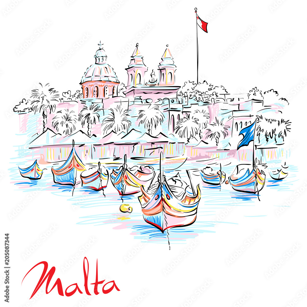Fototapeta premium Wektor rysunek ręka tradycyjnych eyed kolorowe łodzie Luzzu i kościół w porcie śródziemnomorskiej wioski rybackiej Marsaxlokk, Malta