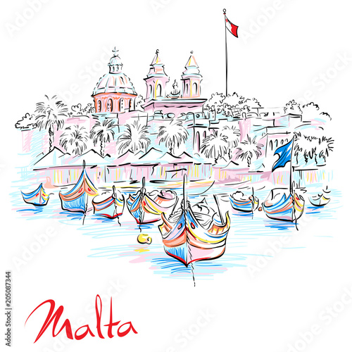 Vector hand drawing of traditional eyed colorful boats Luzzu and church in the Harbor of Mediterranean fishing village Marsaxlokk, Malta
