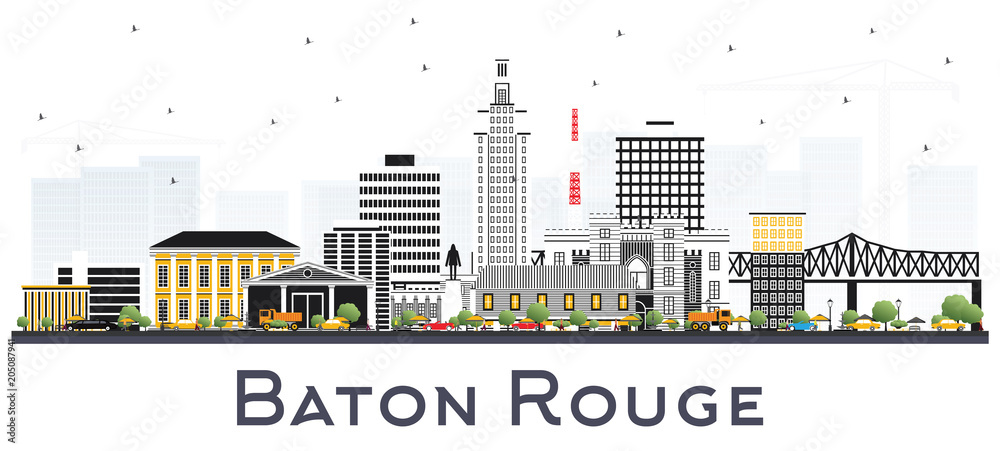 Baton Rouge Louisiana City Skyline with Color Buildings Isolated on White.