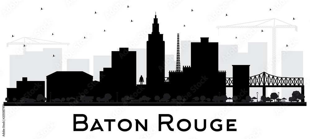 Baton Rouge Louisiana City Skyline Silhouette with Black Buildings Isolated on White.