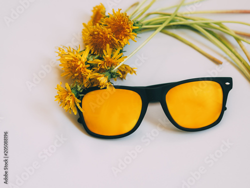 Fototapeta Naklejka Na Ścianę i Meble -  Spring or summer background . Yellow dandelions and sunglasses.