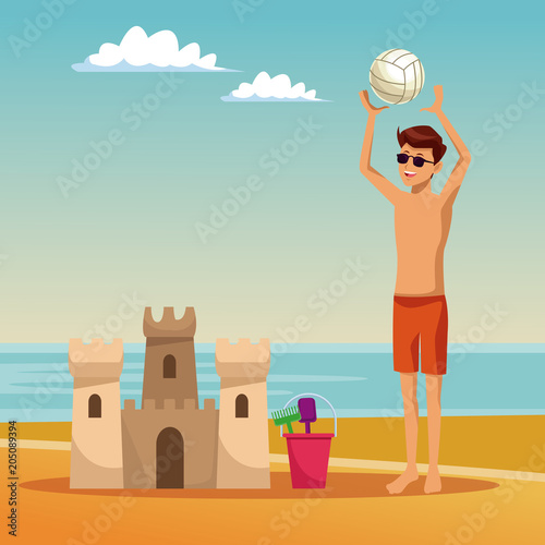 Young man at beah with ball and sand castle vector illustration graphic design