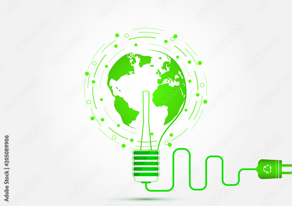 Light bulb with green earth, ecology energy saving concept illustration Stock Vector Stock