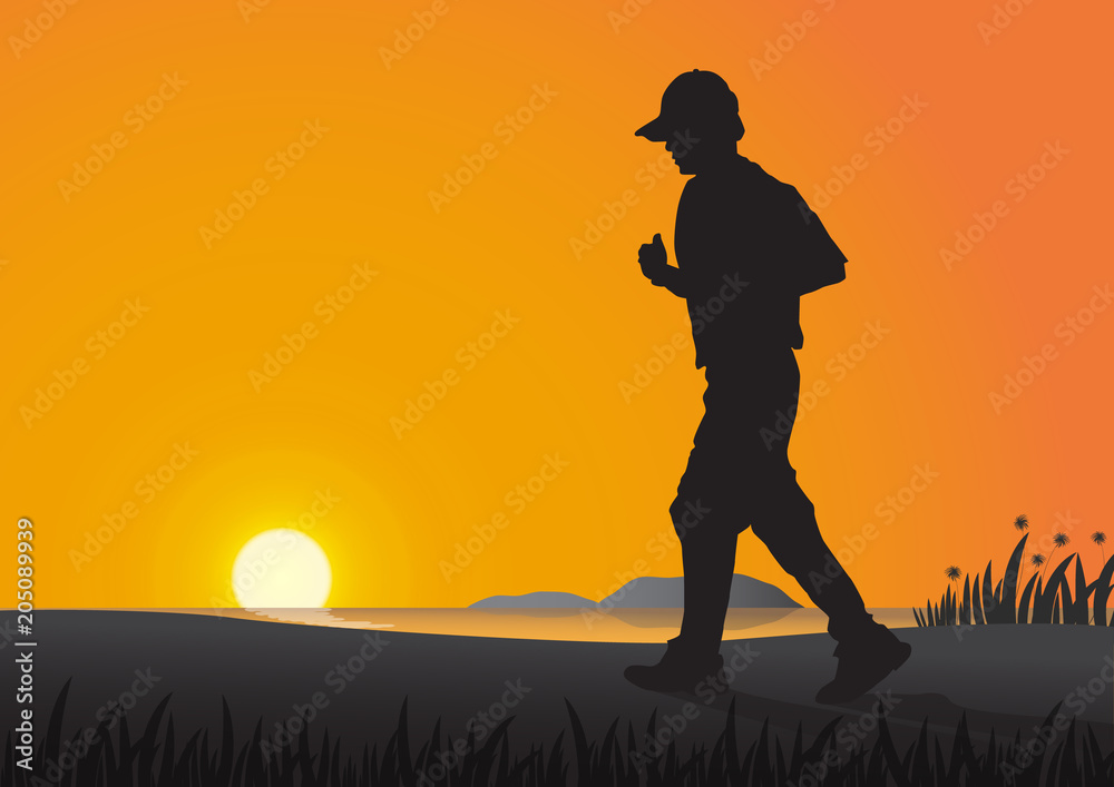 Silhouette of man running on the beach in the morning on golden sunrise background, health care exercise concept vector illustration