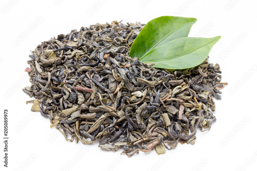 Green tea leaf isolated on white background. Green tea leaf isolated on white background.
