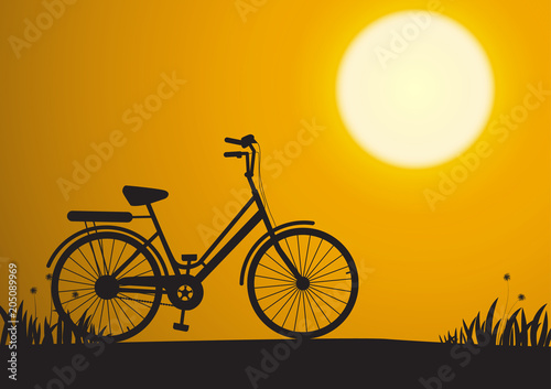 Silhouette of bicycle during sunrise in the park, vector illustration