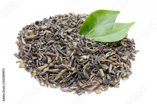 Green tea leaf isolated on white background.