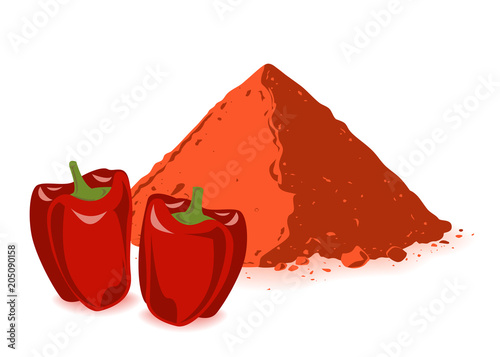 Paprika powder and bell pepper isolated on white background.