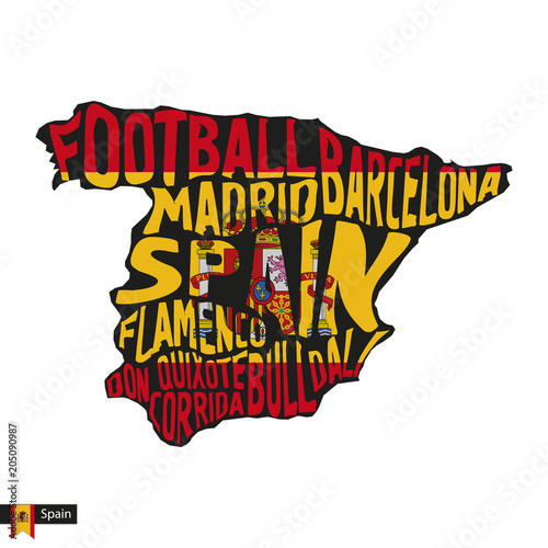 Typography map silhouette of Spain in black and flag colors.