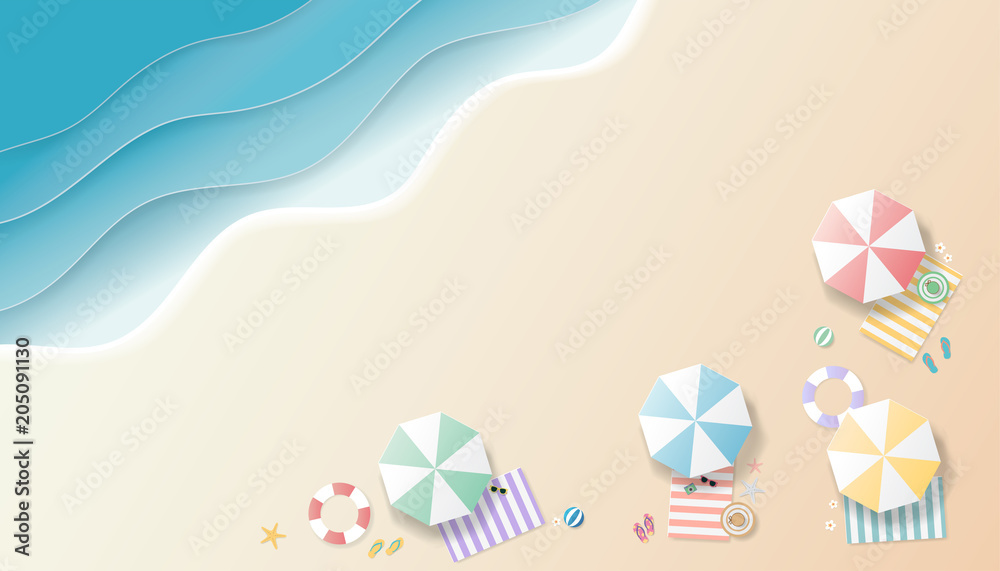 Summer background paper art style. Top view with umbrella, sunglasses, hat, starfish, camera, flip flop, lifebuoy, flower on beach background. Season vacation, weekend.