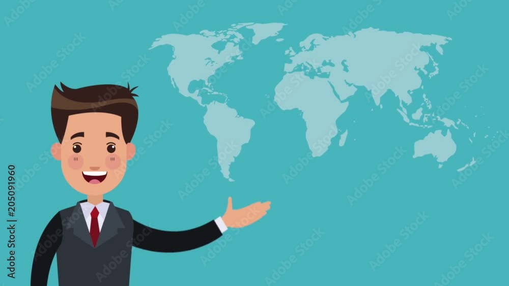 Businessman showing website over blue background High Definition animation colorful scenes Businessman showing website over blue background High Definition animation colorful scenes