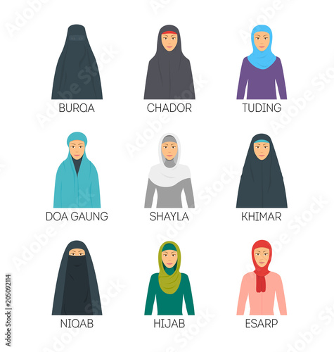 Cartoon Hijab Type Signs Color Icons Set. Vector