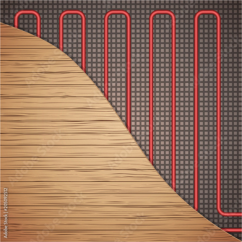 Floor heating system under wooden cover. Top view. Ways of installing pipes under cover. Vector Illustration isolated on white background.