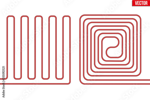 Scheme of Underfloor heating. Floor heating system. Ways of installing pipes under cover. Vector Illustration isolated on white background.