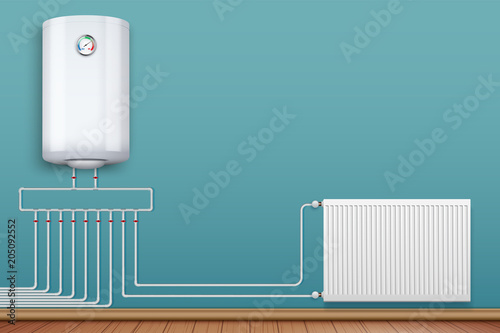 Water heater Boiler on wall and Heating radiator in room with plastic tubes. Home appliances for comfort. Modern Central heating system equipment. Water and steam model for wall. Vector Illustration