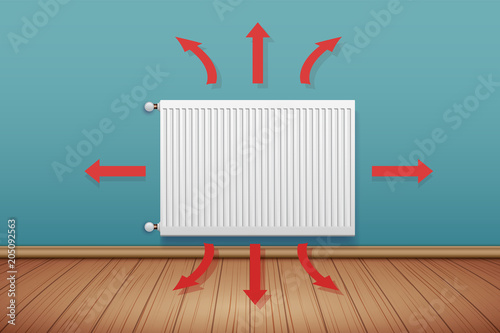 Heating radiator with scheme of heat spreading in room. Modern Central heating system equipment. Water and steam model for wall. Vector Illustration