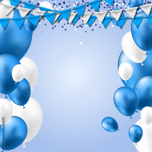 Blue White Balloons header background. Party card with blue white balloons. Balloon background.
