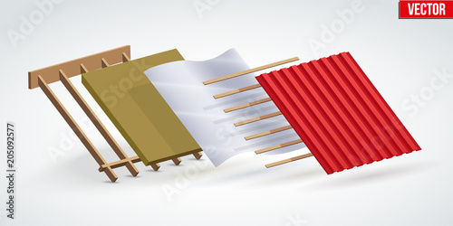 Demonstration of install roof red zinc metal cover in layers. Top view. Vector Illustration isolated on white background.