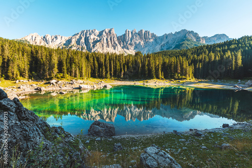 Carezza lake in Dolomites, Italy photo