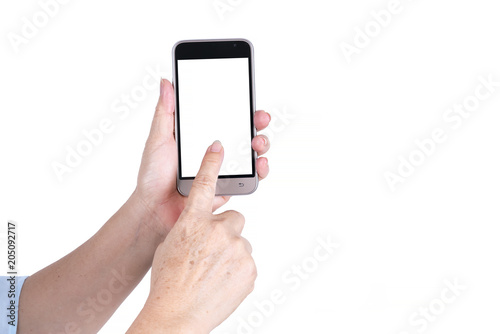 Woman's hand holding modern smartphone and using finger touching the screen isolated on white background