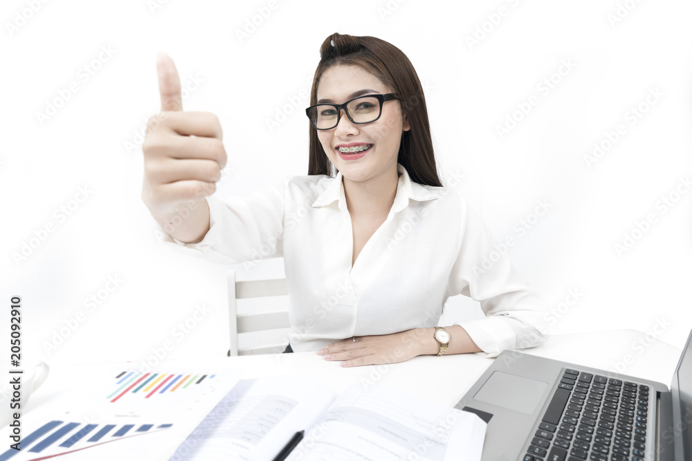 Business successful woman using a computer laptop. smile happily woking concept, white isolated Business successful woman using a computer laptop. smile happily woking concept, white isolated