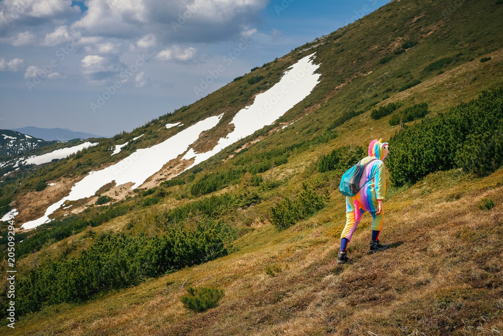 Naklejka premium Feel freedom in mountains, woman traveling in unicorn costume