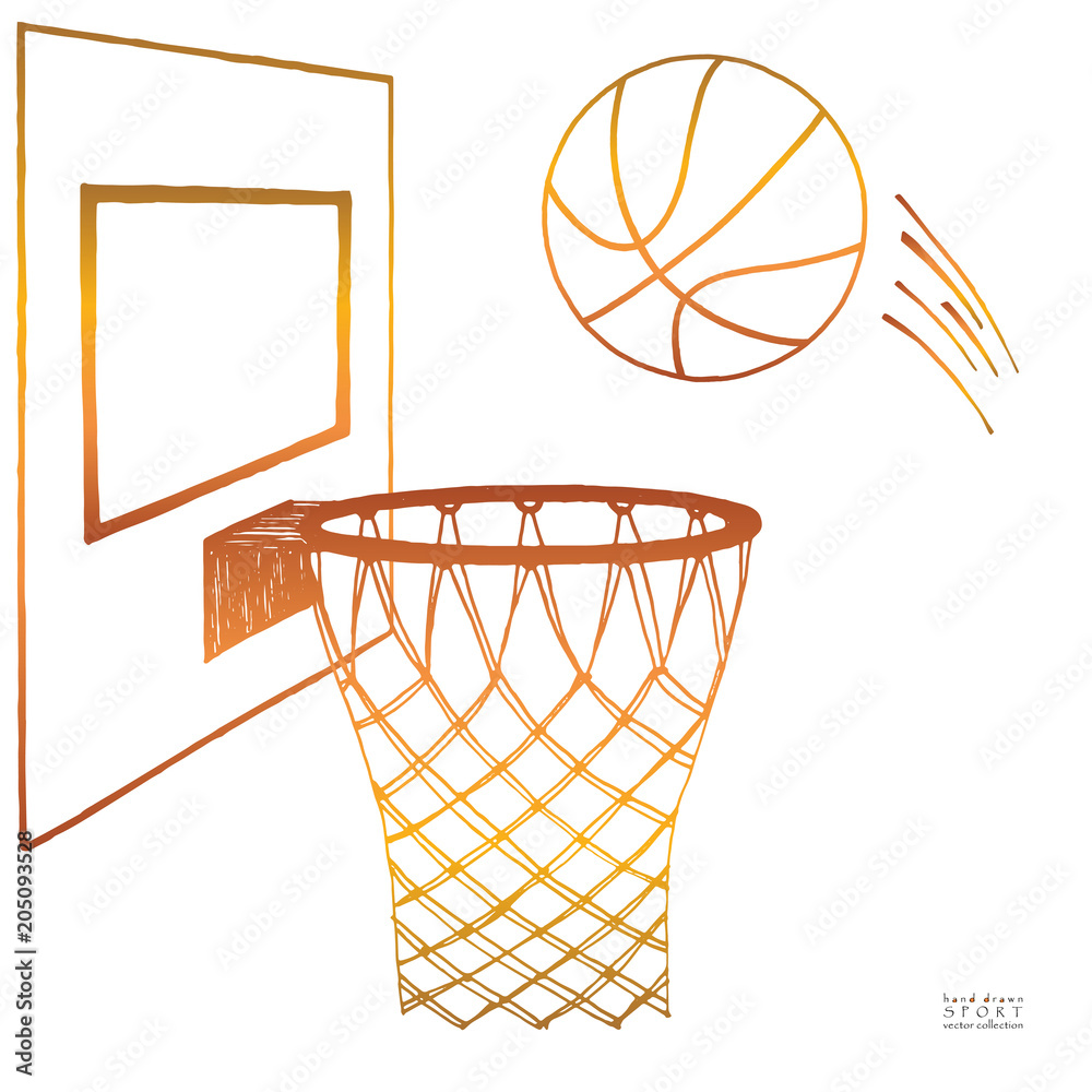 Action vector illustration of basketball going into a hoop. Backboard, hoop,  ring, net, kit. Hand drawn sketch. Gradient color on white background Stock  Vector