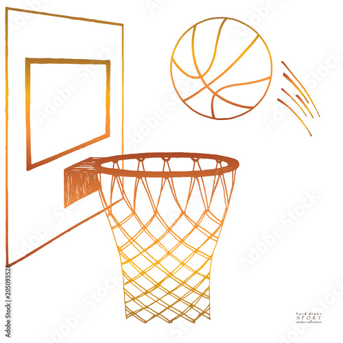Action vector illustration of basketball going into a hoop. Backboard, hoop, ring, net, kit. Hand drawn sketch. Gradient color on white background