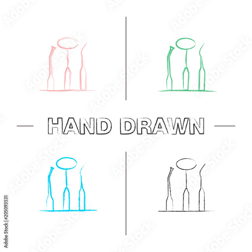 Dental instruments hand drawn icons set