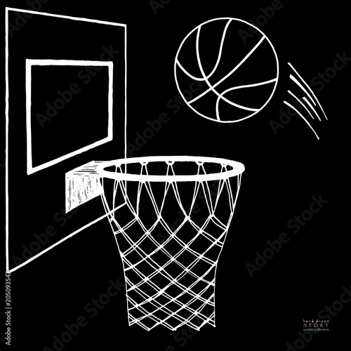Action vector illustration of basketball going into a hoop. Backboard, hoop, ring, net, kit. Hand drawn sketch. White on black background
