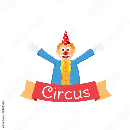 Banner, billboard with clown. Greeting, invitation to circus performance, poster.