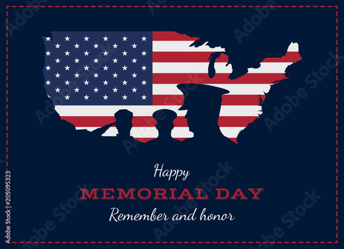 Happy memorial day. Greeting card with USA flag, map and soldier. National American holiday event. Flat Vector illustration EPS10