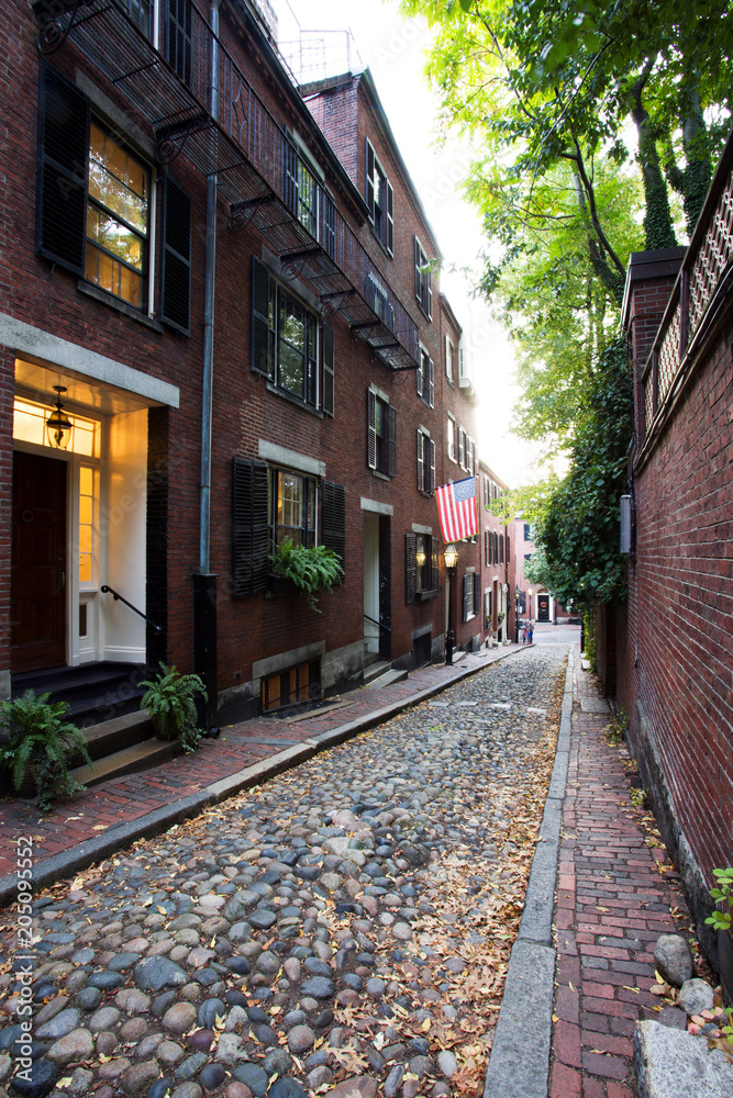 Fototapeta premium Illuminated Accorn Street in the Evening, Boston